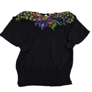 ROCHELLE CALIFORNIA Black Sequin Embellished Knit Sweater Womens M 80's Mob Wife